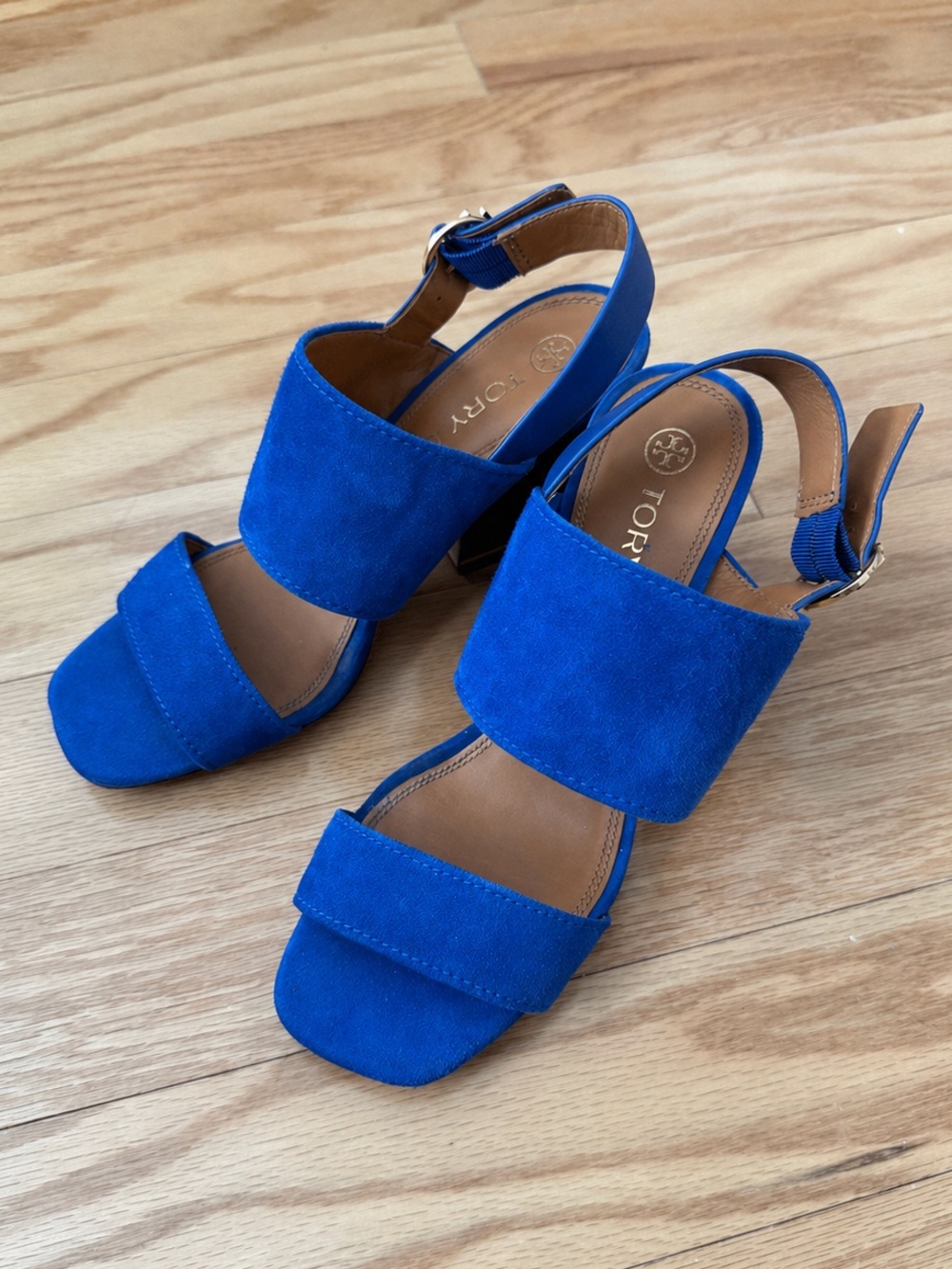 Tory Burch Selby Blue Suede Leather Sandals with Block Heel - Size 7.5